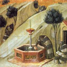 彼得罗·洛伦泽蒂(Pietro Lorenzetti)高清作品:Predella Panel. Hermits at the Fountain of Elijah