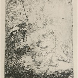 《一只小狮子和一头母狮打猎》伦勃朗(Rembrandt)高清作品欣赏