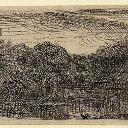 《小小的灰色风景，一个房子和一棵树在池边》伦勃朗(Rembrandt)高清作品欣赏