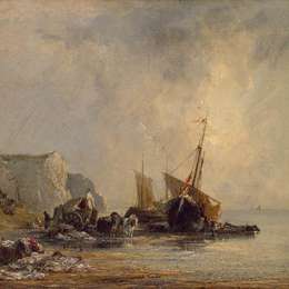 《诺曼底海岸的船》理查德德·帕克斯·伯宁顿(Richard Parkes Bonington)高清作品欣赏