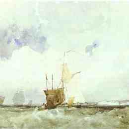 《在波涛汹涌的海上舰船》理查德德·帕克斯·伯宁顿(Richard Parkes Bonington)高清作品欣赏