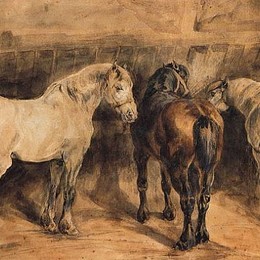 《三匹马在他们的马厩里》泰奥多尔·席里柯(Theodore Gericault)高清作品欣赏