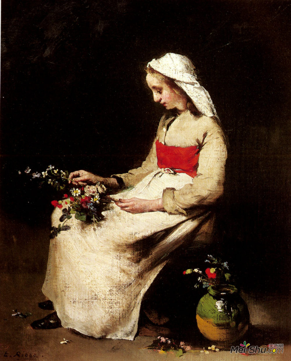 油画抱花瓶的少女图片