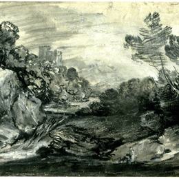 《有瀑布、城堡和山的岩石森林景观，》托马斯·庚斯博罗(Thomas Gainsborough)高清作品欣赏