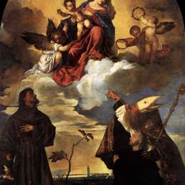 提香·韦切利奥(Titian)高清作品:Madonna in Glory with the Christ Child and Sts Francis and A