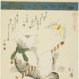 《猫玩玩具蝴蝶》鱼屋北溪(Toyota Hokkei)高清作品欣赏