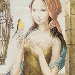 《女孩和鸟笼》藤田嗣治(Tsuguharu Foujita)高清作品欣赏