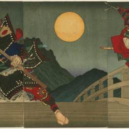 月冈芳年(Tsukioka Yoshitoshi)高清作品:Ushiwaka and Benkei duelling on Gojo Bridge