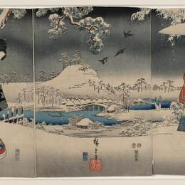 《雪白的风景，一个女人挥舞着扫帚和一个男人》歌川国贞(Utagawa Kunisada)高清作品欣赏