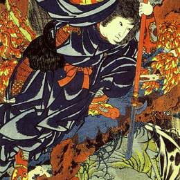 歌川国芳(Utagawa Kuniyoshi)高清作品:Kamigashihime stabbing a giant spider