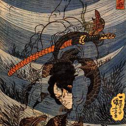 歌川国芳(Utagawa Kuniyoshi)高清作品:Takagi Toranosuke capturing a kappa underwater in the Tamura