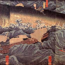 歌川国芳(Utagawa Kuniyoshi)高清作品:Tametomo rescued from the sea monster by tengu