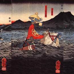 歌川国芳(Utagawa Kuniyoshi)高清作品:Kagesue, Takatsuna and Shigetada crossing the Uji river