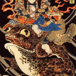 歌川国芳(Utagawa Kuniyoshi)高清作品:Tenjiku Tokubei riding a giant toadn