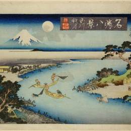 《秋月在塔川，两艘船夜间捕鱼》目歌川豊国二代(Utagawa Toyokuni II)高清作品欣赏