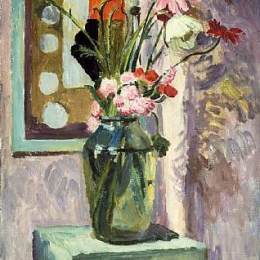 《在一个玻璃花瓶的花有抽象针线设计的》瓦内萨·贝尔(Vanessa Bell)高清作品欣赏