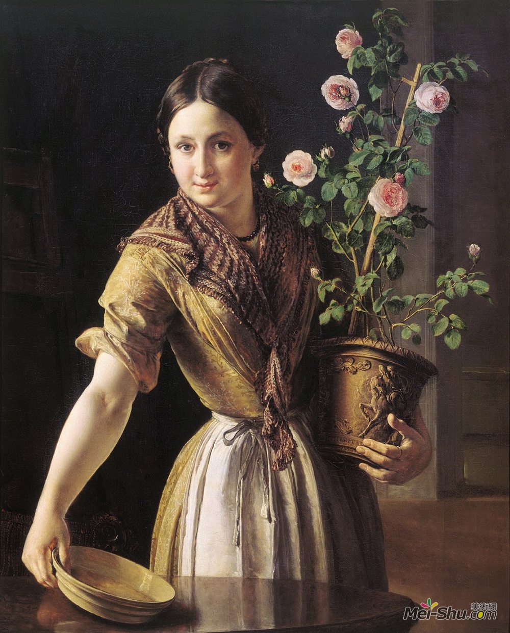 vasily tropinin瓦西里·特罗平宁油画2539《有一壶玫瑰花的女孩》