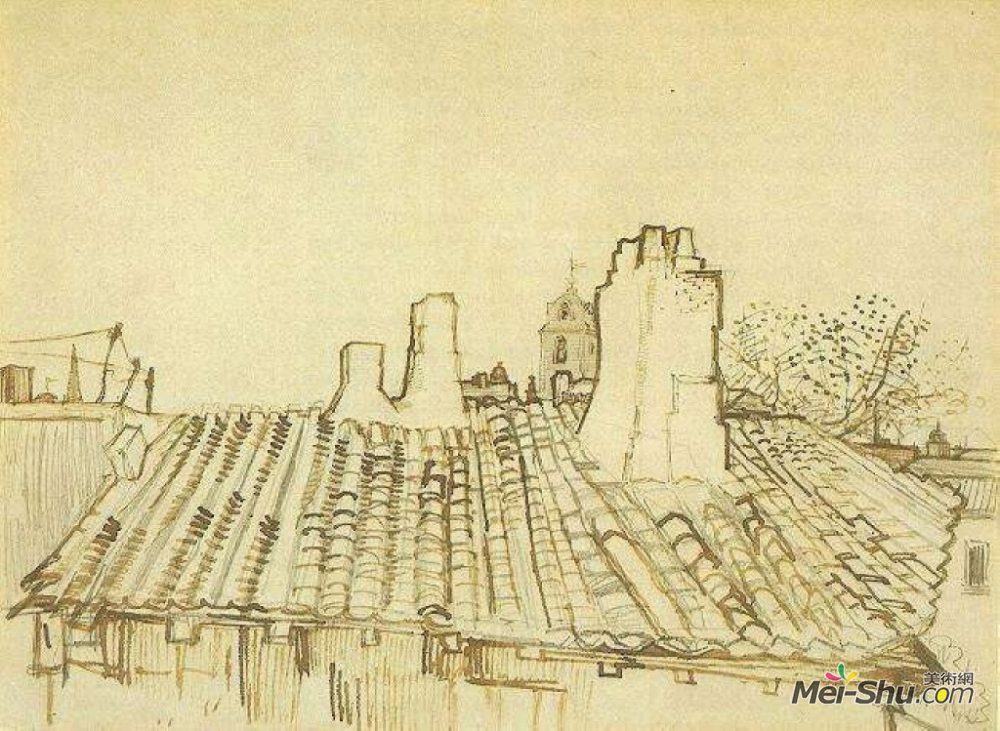 vincent van gogh文森特·梵高油画1909《有烟囱和教堂塔的瓦片屋顶》