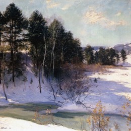 《融化的小溪（冬天的阴影）》乌伊拉德·梅特卡夫(Willard Metcalf)高清作品欣赏