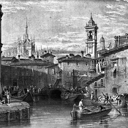 威廉·莱顿·里奇(William Leighton Leitch)高清作品:Boat scene at Milan, drawing by Leitch, engraving by T. High