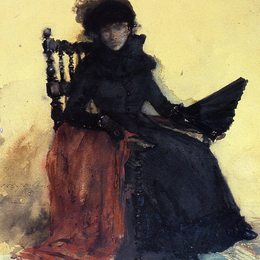 《一位身穿黑色衣服的女士（又名红色披肩）》威廉·梅里特·切斯(William Merritt Chase)高清作品欣赏