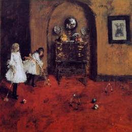 《儿童玩槌球的客厅（图）》威廉·梅里特·切斯(William Merritt Chase)高清作品欣赏