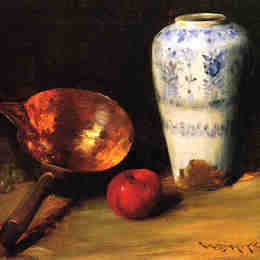 威廉·梅里特·切斯(William Merritt Chase)高清作品:Still Liife with China Vase, Copper Pot, an Apple and a Bunc