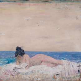 《裸体女性模特（在海边读书）》威廉·奥宾(William Orpen)高清作品欣赏