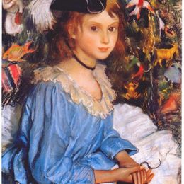 齐内达·塞莱布里阿库娃(Zinaida Serebriakova)高清作品:Katya in blue dress by christmas tree