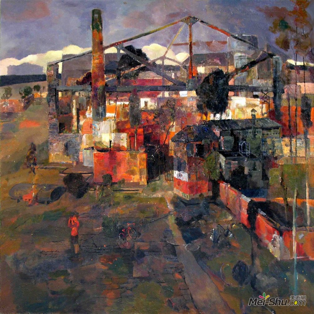 韦军油画作品《黄昏·废弃的工厂》2009年布面180X180CM