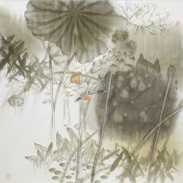 荷花著雨相争秀